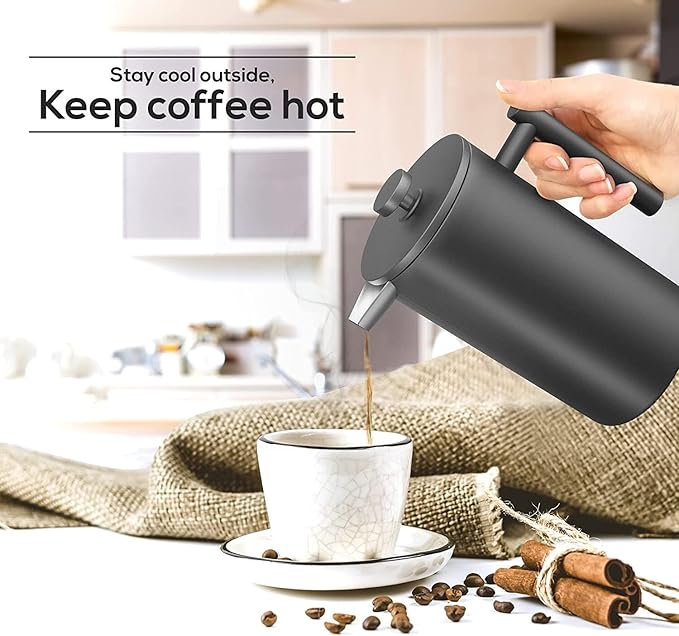 Coffito French Press Coffee Maker,Stainless Steel Double Wall Insulated Coffee Press 34 oz,4-8 Cups, Portable Hot Cold Brew Teapot Cafetera for Coffee Bar Accessories Kitchen Camping (Black,34oz)