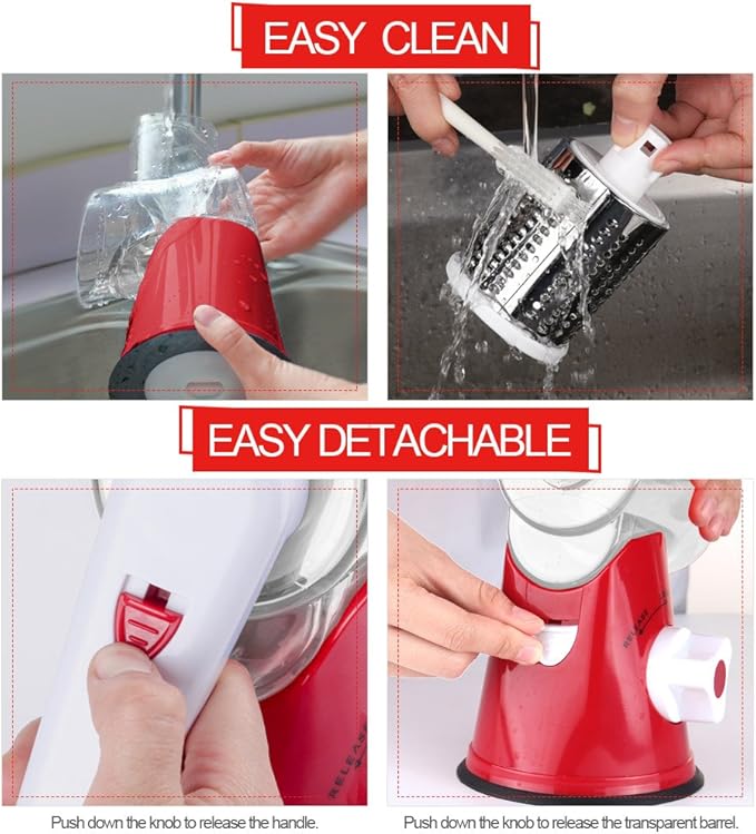Cambom Rotary Cheese Grater Hand Crank Cheese Shredder for Fresh Cheese, Vegetable, Nuts,Non-slip Suction Base，Three Blades,Red