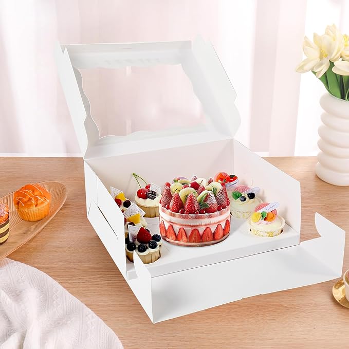 PFAMKEER Bento Cake Box With Cupcakes, Clear Window 9 Holes Bento Combination,12 Sets: Cookie Boxes Fit 8 Regular Cupcake and Mini Cakes, Christmas Wedding Birthday Party (White/clear, 1+8/12pcs)