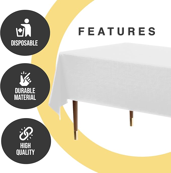 Exquisite Party Solids 66% Thicker Premium Plastic Table Cloth Rectangle Table Cover 0.5 Mil 6 Pack White Table Cloth 54 Inch x 108 Inch Disposable Tablecloth Won't Tear Easily Like Cheap Thin Brands