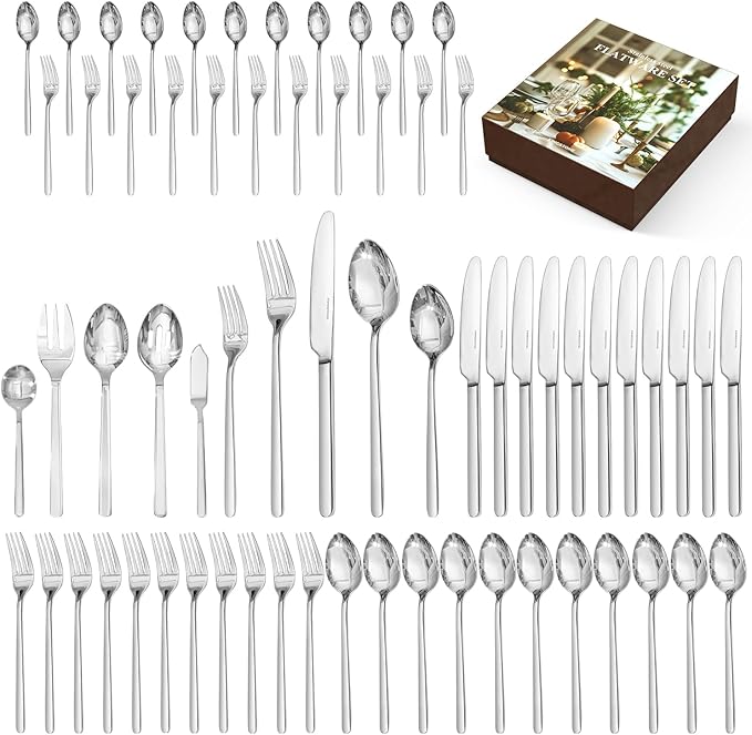 KINGSTONE Silverware Set for 12 with Serving Utensil, 18/10 Stainless Steel Flatware Cutlery | Heavy Duty Steak Knife Fork and Spoon, Dishwasher Safe, Gift Package for Wedding Housewarming