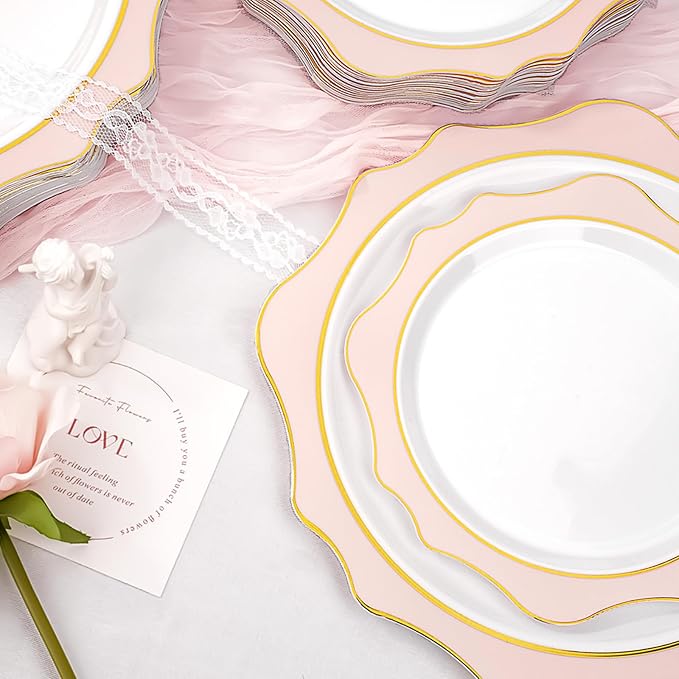 realluck 100Pcs White & Pink Plastic Plates for 50 Guests