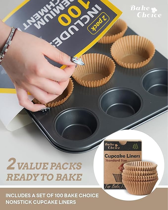 Bake Choice 2 Muffin Pan for Baking, Standard Cupcake Pan with 100 Liners