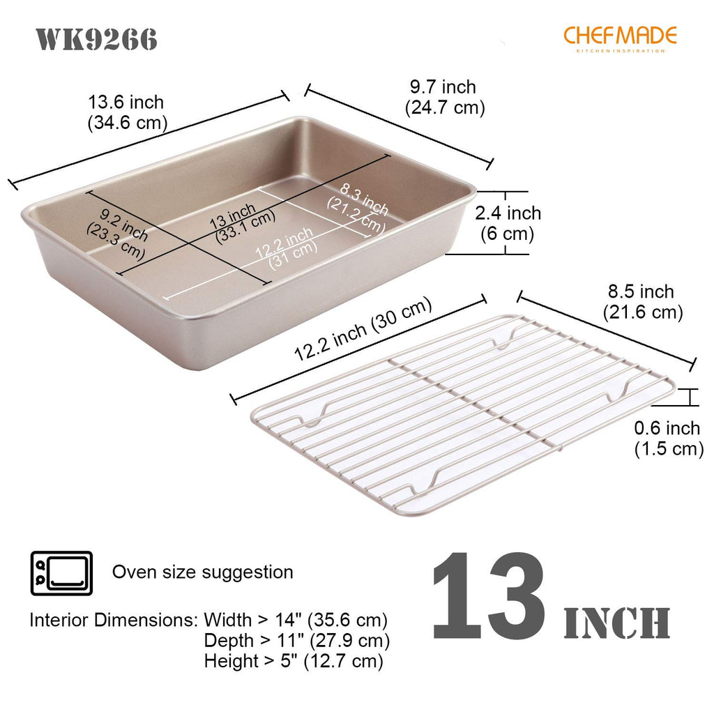 CHEFMADE Roasting Pan with Rack, 13-Inch Non-Stick Rectangular Deep Dish Oven-BBQ Bakeware for Oven Baking 9" x 13" x 2.4" (Champagne Gold)