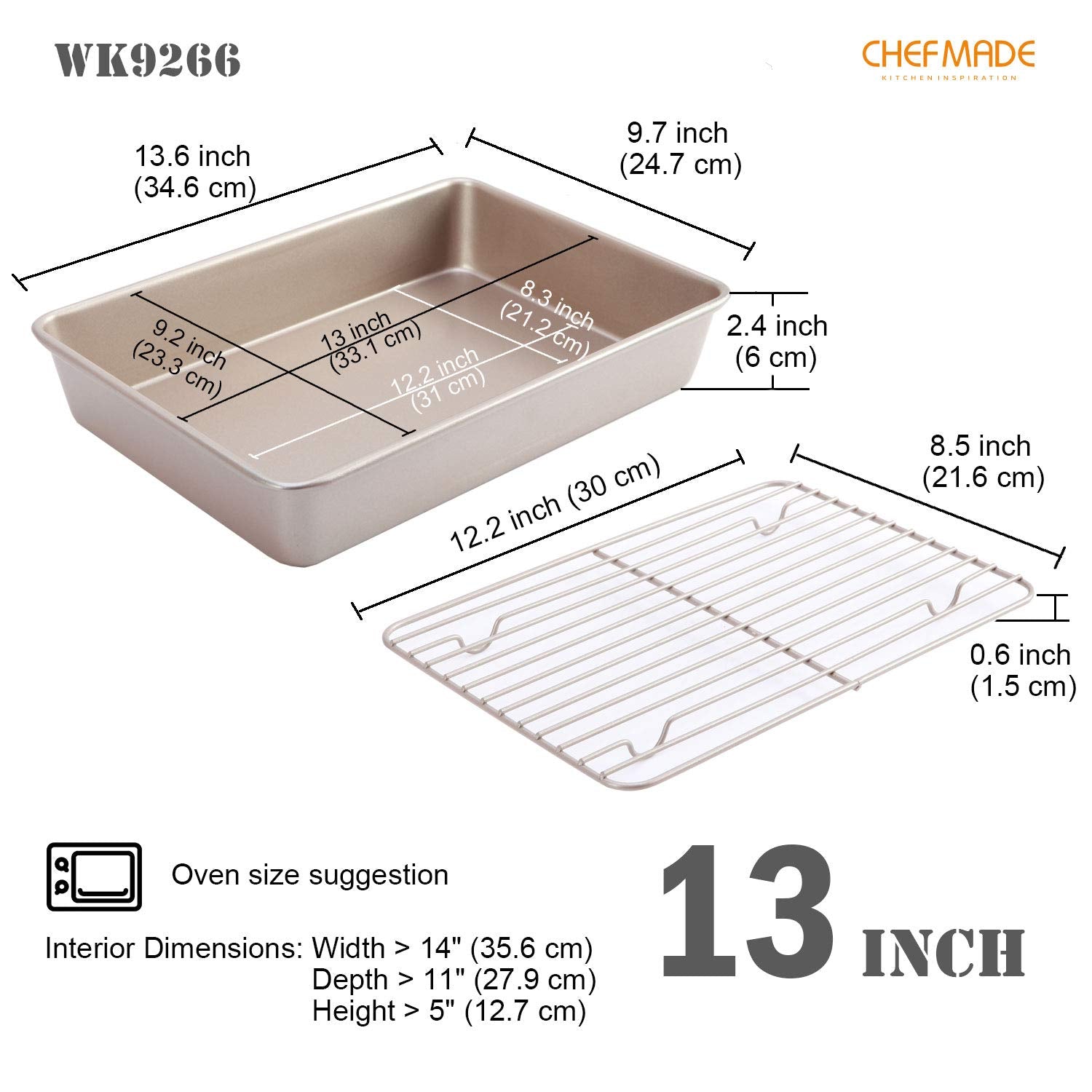 CHEFMADE Roasting Pan with Rack, 13-Inch Non-Stick Rectangular Deep Dish Oven-BBQ Bakeware for Oven Baking 9" x 13" x 2.4" (Champagne Gold)