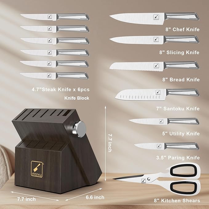 imarku G14 Japanese Kitchen Knife Set, Stainless Steel with Block, 14pc