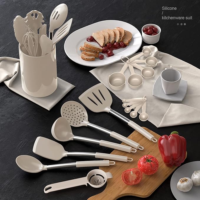 oannao Large Silicone Cooking Utensils Set - Heat Resistant Kitchen Utensils,Turner Tongs,Spatula,Spoon,Brush,Whisk,Stainless Steel Cooking Tool for Nonstick Cookware,Dishwasher Safe (Khaki)