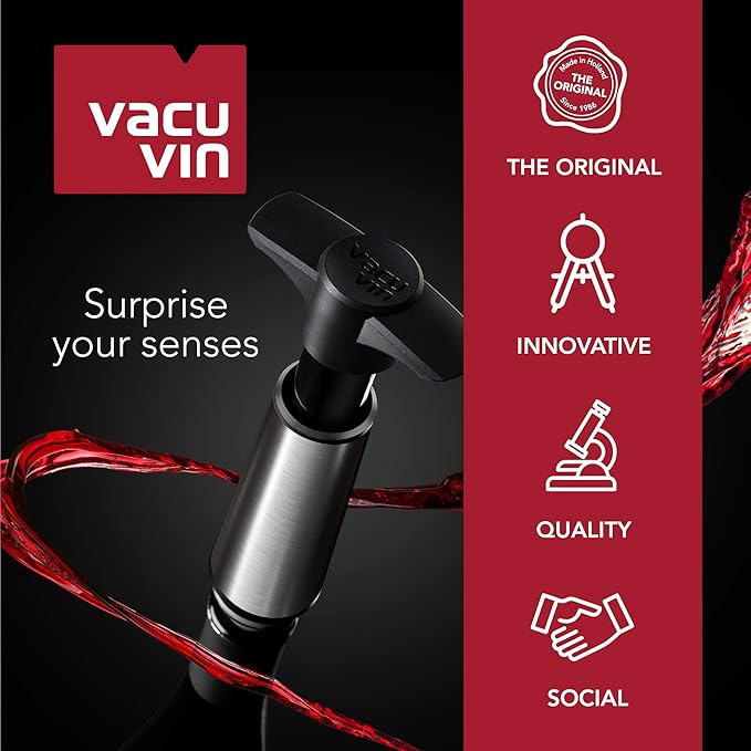 Vacu Vin Original Saver Wine Bottle Stopper – With 6 Vacuum Stoppers – Preserver Wine Stopper with Pump for Red or White Wine – Wine Accessories to Keep Wine Fresh – Airtight Seal Stoppers – Red