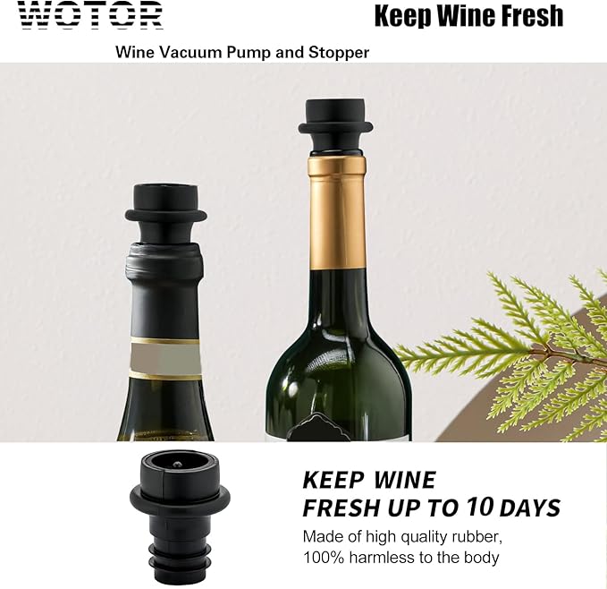 WOTOR Wine Saver Vacuum Pump with 4 Stoppers, Wine Stopper & Preserver, Reusable Bottle Sealer Keeps Fresh, Ideal Accessories Gift (Flat Handle)