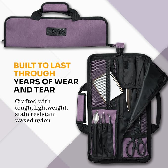 Asaya Chef Knife Roll Bag - 12-Pocket Chefs Case for Kitchen Knives and Utensils, Lightweight Stain-Resistant Waxed Nylon Chef Knife Bag - Knives Not Included (Purple)