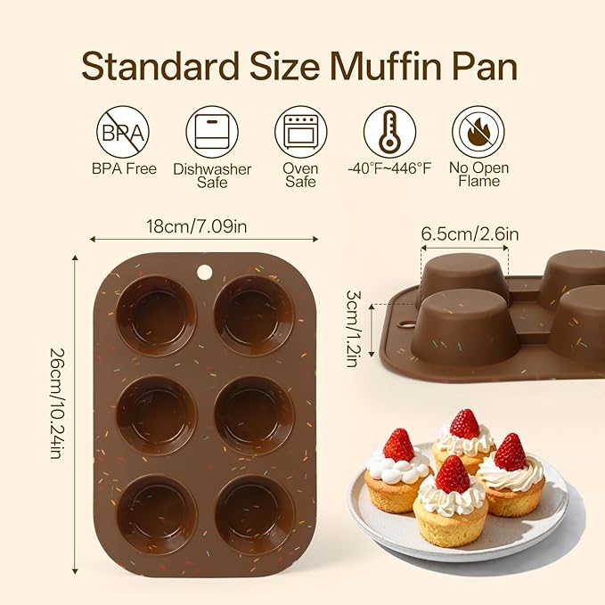 Firstfooby 2 Pack Silicone Muffin Pan for Baking, Regular Size Nonstick Cupcake Pan, 6-Cup Silicone Muffin Tin BPA Free Dishwasher Safe, Great for Muffin Cupcake Brownie Egg Tart