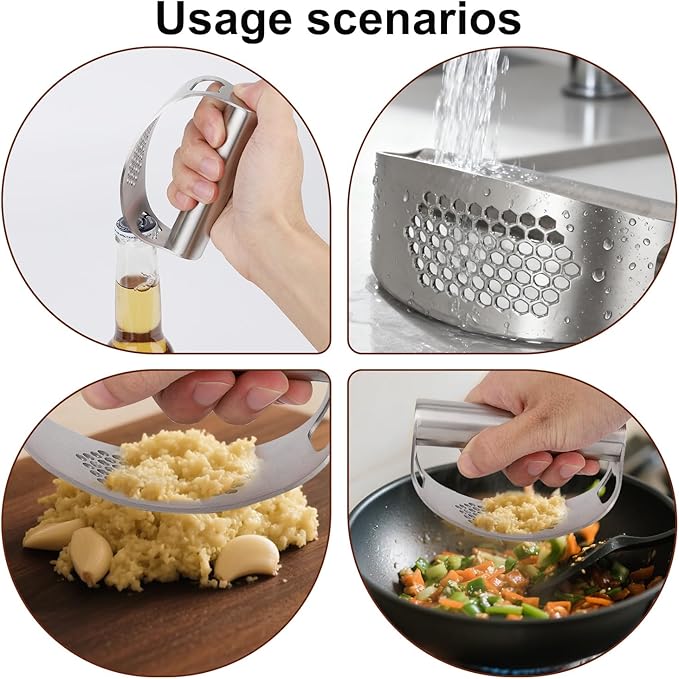 Stainless Steel Hand Garlic Rocker Presser Set, Garlic Press Smasher with Plastic Peeler Roller and Brush Ginger Crusher Mincer Cutter Supplies for Kitchen Dicer Chopper Grater Gadgets