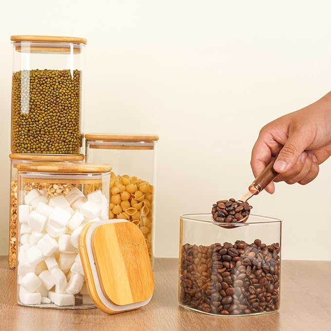 Glass Spaghetti Pasta Storage Container - 5 Pack Airtight Food Storage Jar Set with Bamboo Lid Labels - Square Kitchen Pantry Canister Organizers for Cookies Candy Coffee Bean Sugar Tea Spice Flour