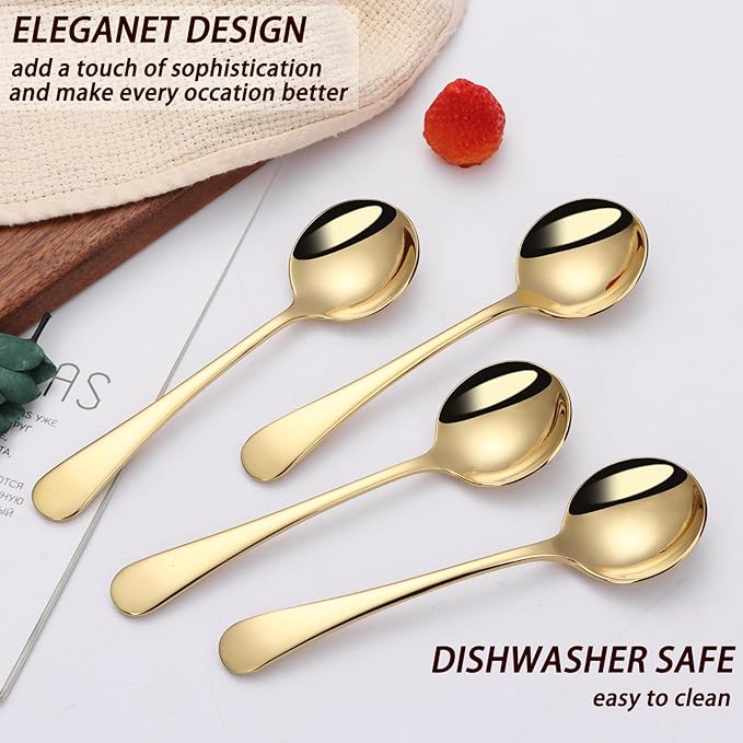 Mafier 7" Round Soup Spoons Set of 4,18/10 Stainless Steel Heavy Duty with Deep Bowl,Fine Mirror Polished,Dishwasher Safe(Gold)