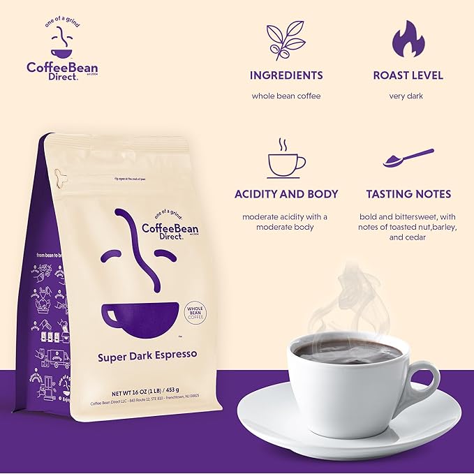 Coffee Bean Direct Super Dark Espresso, Whole Bean, 1lb Bag