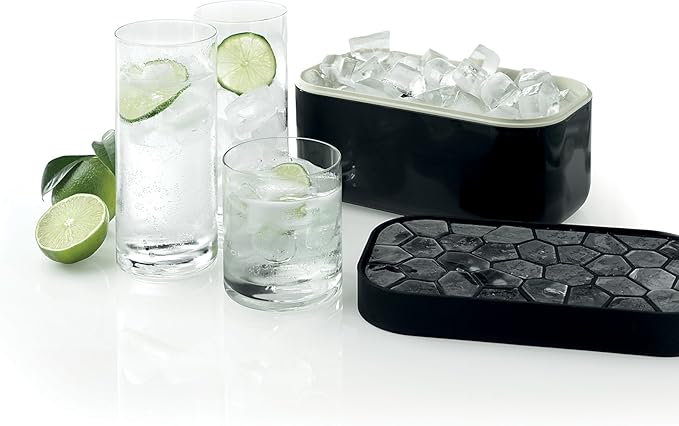 Lékué Ice Box | Black | Ice Cube Tray For Freezer With Lid & Bin | Made With 100 Percent Platinum Silicone | Elegant And Retro Style Ice Cubes | For Cocktails, Ice Tea & Coffee And More |