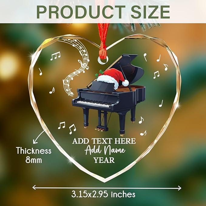 Customized Text Name & Year Piano Christmas Glass Ornament, Piano Lover Christmas Ornaments 2026, Personalized Pianist Xmas Tree Ornament, Musical Instrument Xmas Decor Gift for Son Daughter