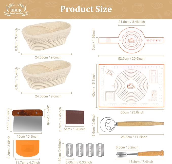 UDUK Sourdough Baking Kit, 2 Oval Banneton Proofing Basket Set