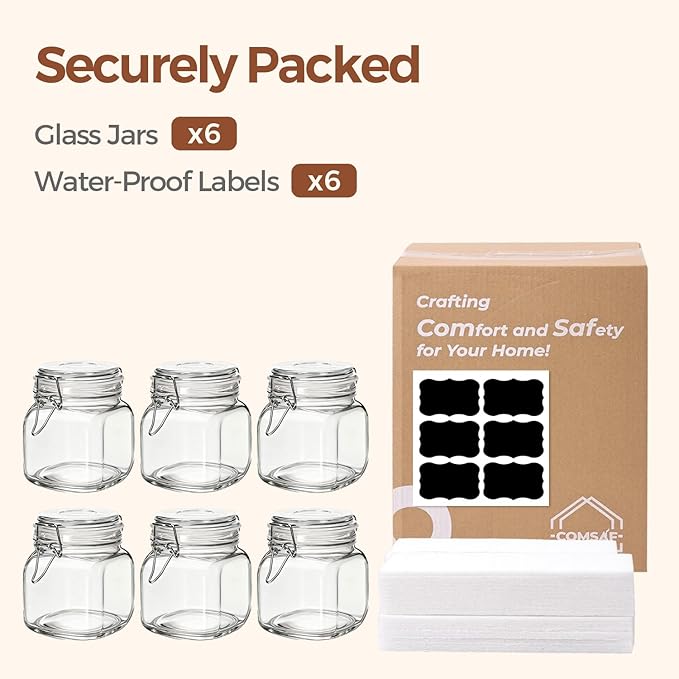 ComSaf Square Glass Pantry Jars with Airtight Lids 27 oz 6 Pack Spice Jar