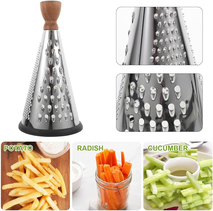 Cabilock Wooden Handle Cheese Grater Cone Shaped Manual Grater for Cheese Vegetables and Fruit Multifunctional Kitchen Utensil for Home Restaurant and Hotel Use