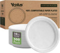 Vplus 500 Pack Compostable Bagasse Paper Plates 10.25 inch, White