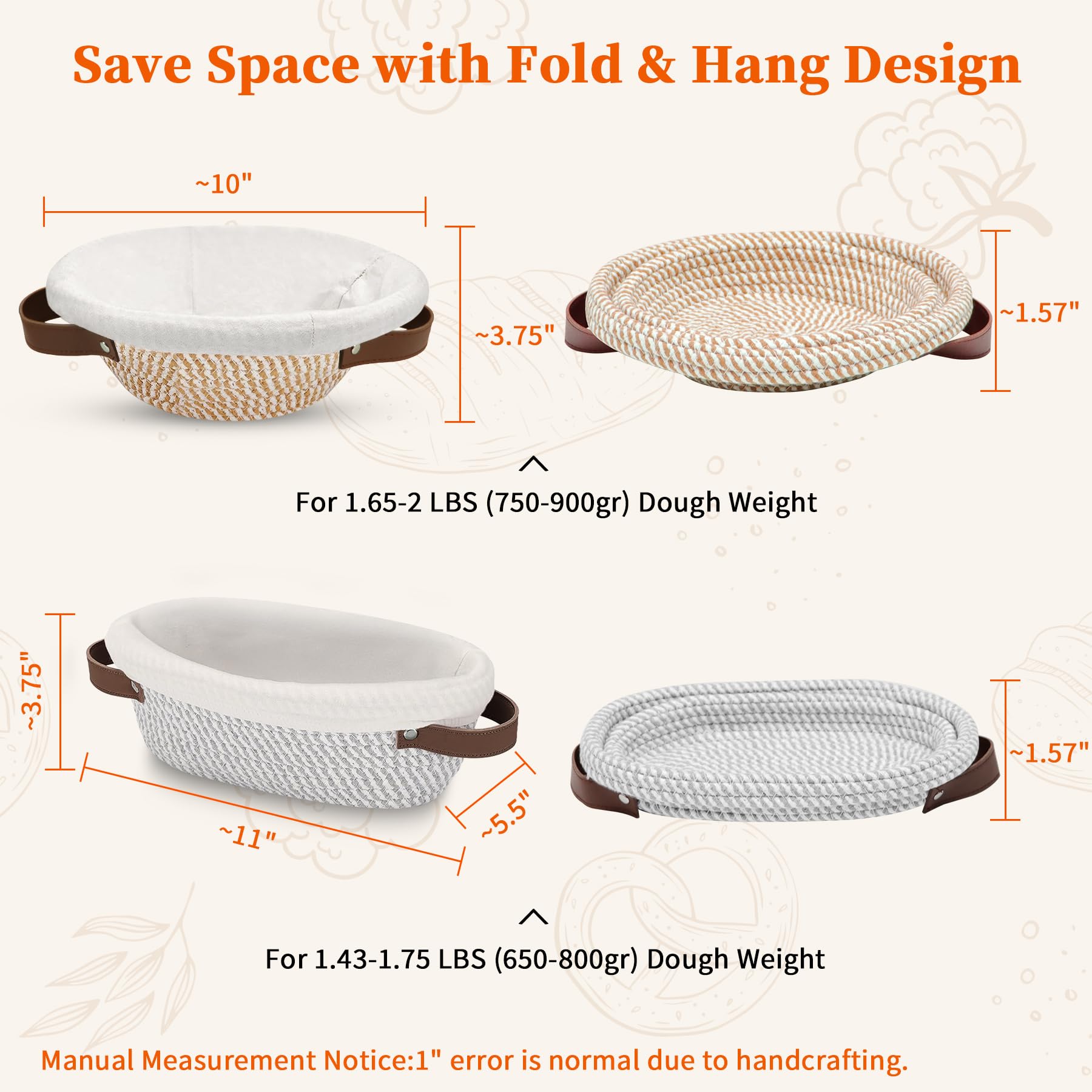 Aliggbent 38Pcs Sourdough Bread Baking Supplies – 11'' Oval & 10'' Round Cotton Rope Banneton Bread Proofing Baskets with Liners & Covers, Sourdough Starter Jar Kit, Scale, Bags & Bread Making Tools
