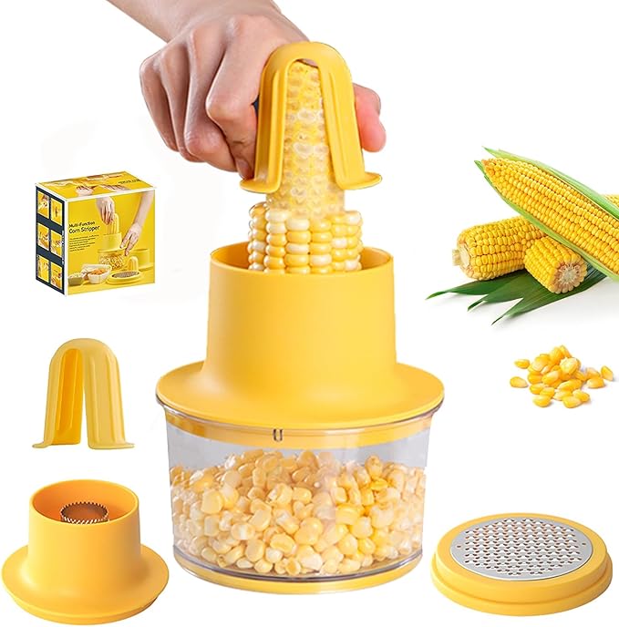 AACGIN Corn Cob Stripper, Corn on the Cob Peeler Shucker Tool, Quick Kernel Remover with Bowl and Safety Handle-Yellow