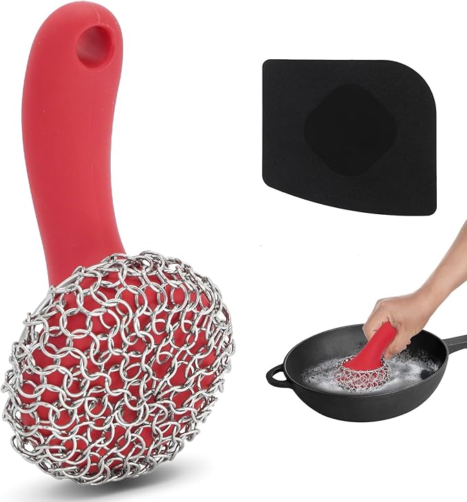 Cast Iron Scrubber with Long Handle Dish Scouring Pad Chainmail Cleaner