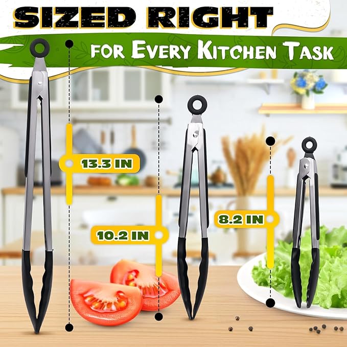 Kitchen Tongs Set of 3, 7/9/12 in, Stainless Steel (Black)