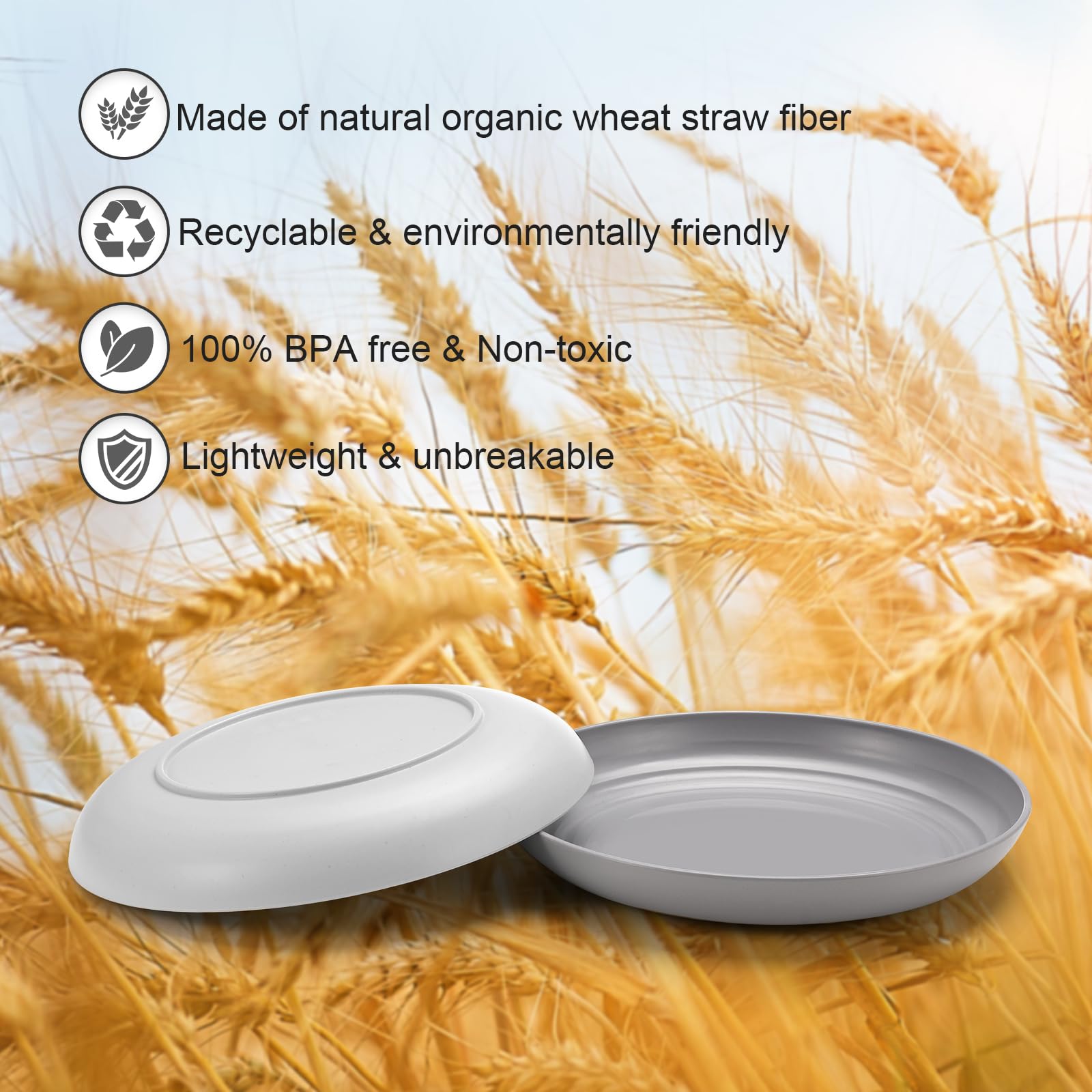 HEYCOME 12 Pcs Unbreakable Deep Dessert Plates Set, 8 inch Reusable Plastic Wheat Straw Plates, Microwave and Dishwasher Safe Plate for Kitchen, Lightweight Plate for Dessert, BPA Free, Black