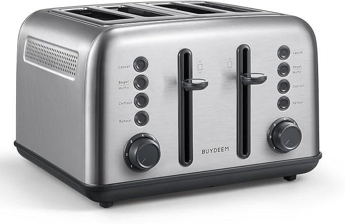 BUYDEEM DT640 4-Slice Toaster, 7 Shade Settings, Extra Wide 1.5’’ Slots for Bagel & English Muffin, 6 Toasting Functions, Retro Stainless Steel Toaster with High Lift Lever, 1800W, Retro Silver