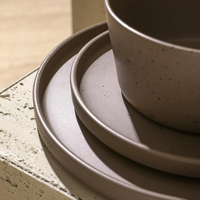 Stone Lain Celina Stoneware 16-Piece Modern Dinnerware Set, Plates and Bowls, Matte Brown, Service For 4, Microwave & Dishwasher Safe