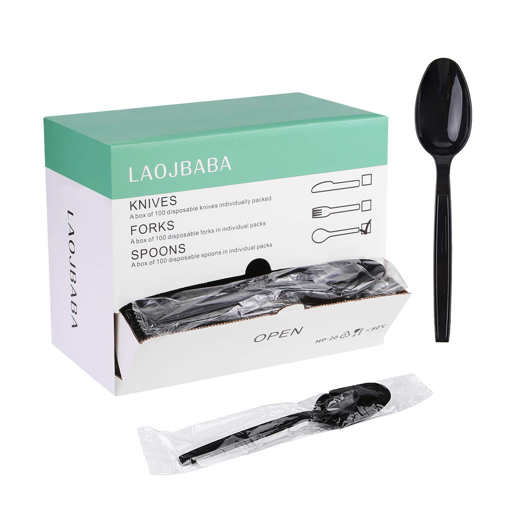 Laojbaba Plastic Spoons Disposable Individually Packaged Spoons Black 7-Inch Commercial Take Away,Super Hard Mass Heavy Individually Wrapped 100 PCS