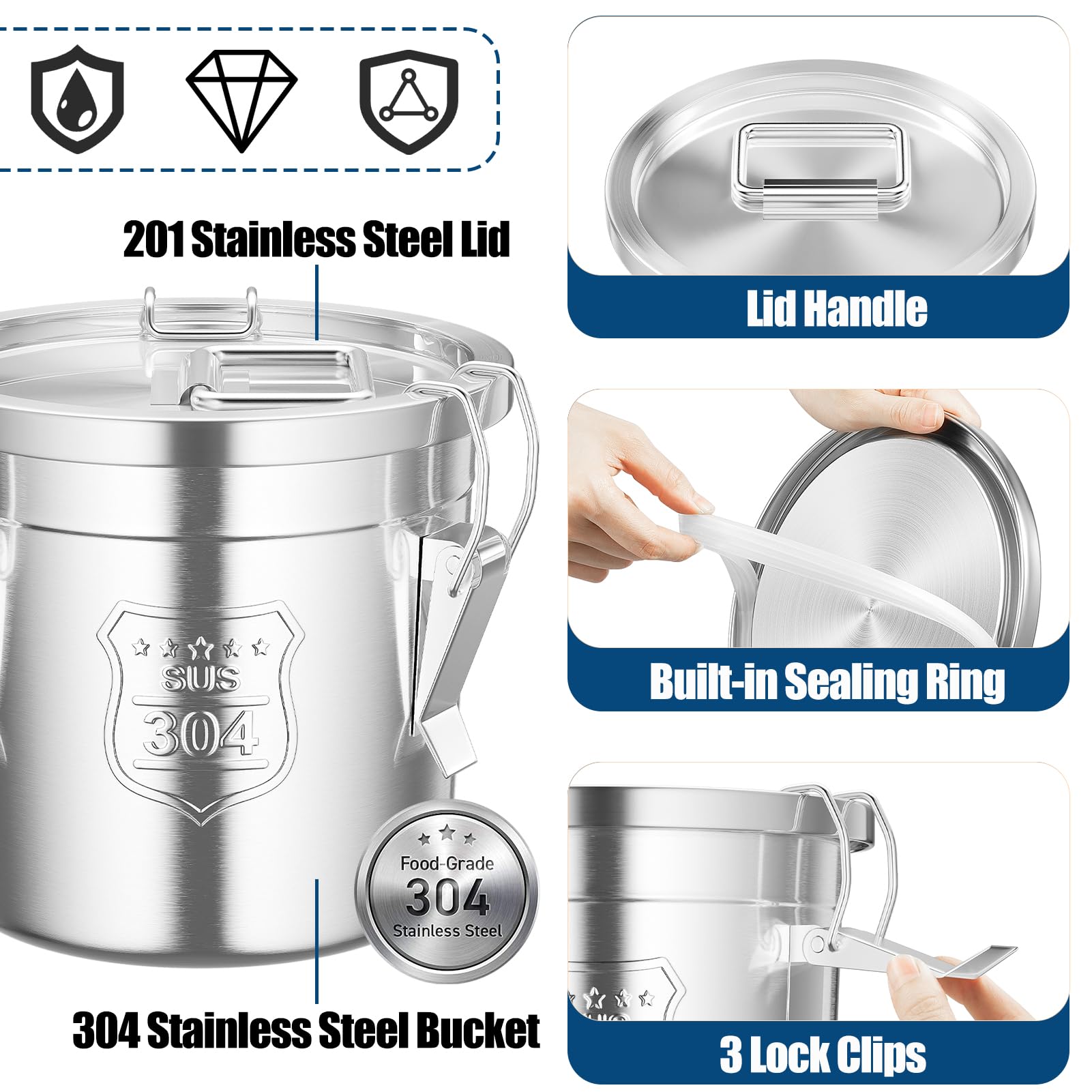 1.6Gal/6L 304 Stainless Steel Food Storage Container with Lid Lock Clips