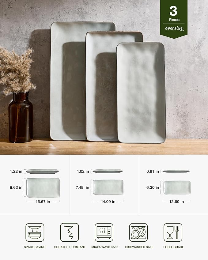 Famiware Serving Platters Set of 3 Sizes - Rectangular, Grey