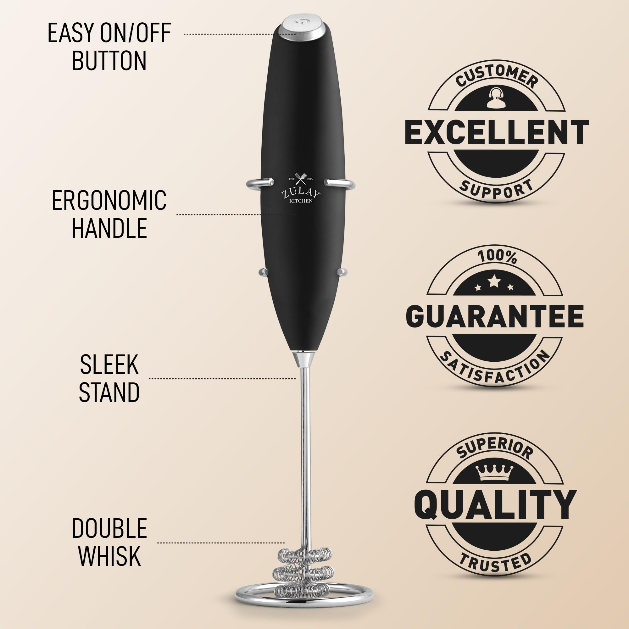 Zulay Kitchen Powerful Milk Frother Wand With Duracell Batteries - Ultra Fast Handheld Drink Mixer - Electric Whisk Foam Maker for Coffee, Lattes, Cappuccino & Matcha - Triple Whisk - Black