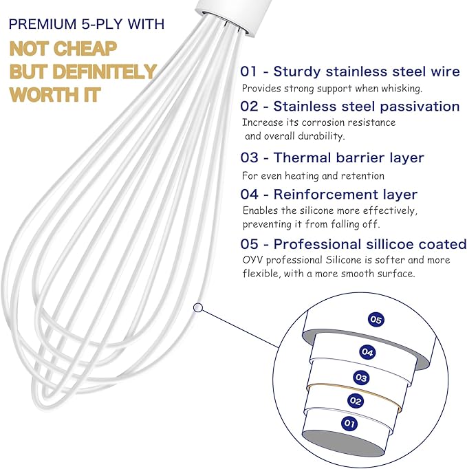 OYV White Silicone Whisk Set of 3, 8/10/12 Inch, Heat Resistant 480°F