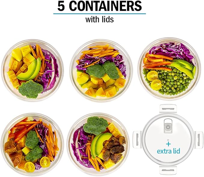 Igluu Meal Prep Round Glass Containers with Air Vent Lids (5 Pack) – 32oz