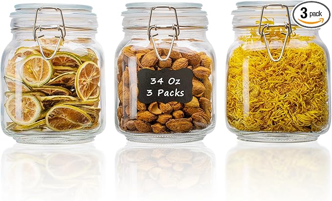 LOOIOOJ 34oz Square Glass Food Storage Jars with Airtight Clamp Lids 3 Pack