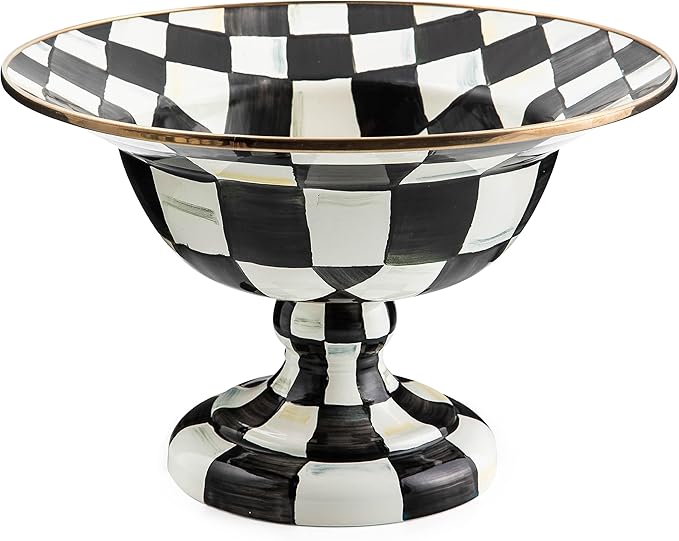 MACKENZIE-CHILDS Enamel Compote, Large, Black-and-White Courtly Check
