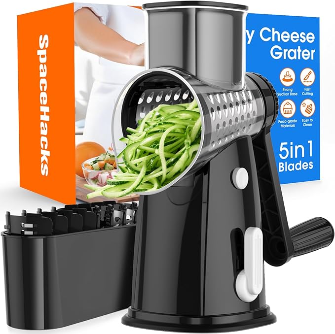 Rotary Cheese Grater Hand Crank, 5-in-1 Vegetable Chopper Spiralizer Slicer