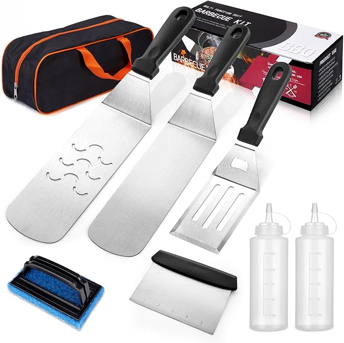 Blackstone Griddle Accessories Kit, 8PCS Flat Top Grilling Accessories Set for Blackstone and Camp Chef, Metal Grill BBQ Enlarged Spatulas Set with Carry Bag Outdoor BBQ & Camping