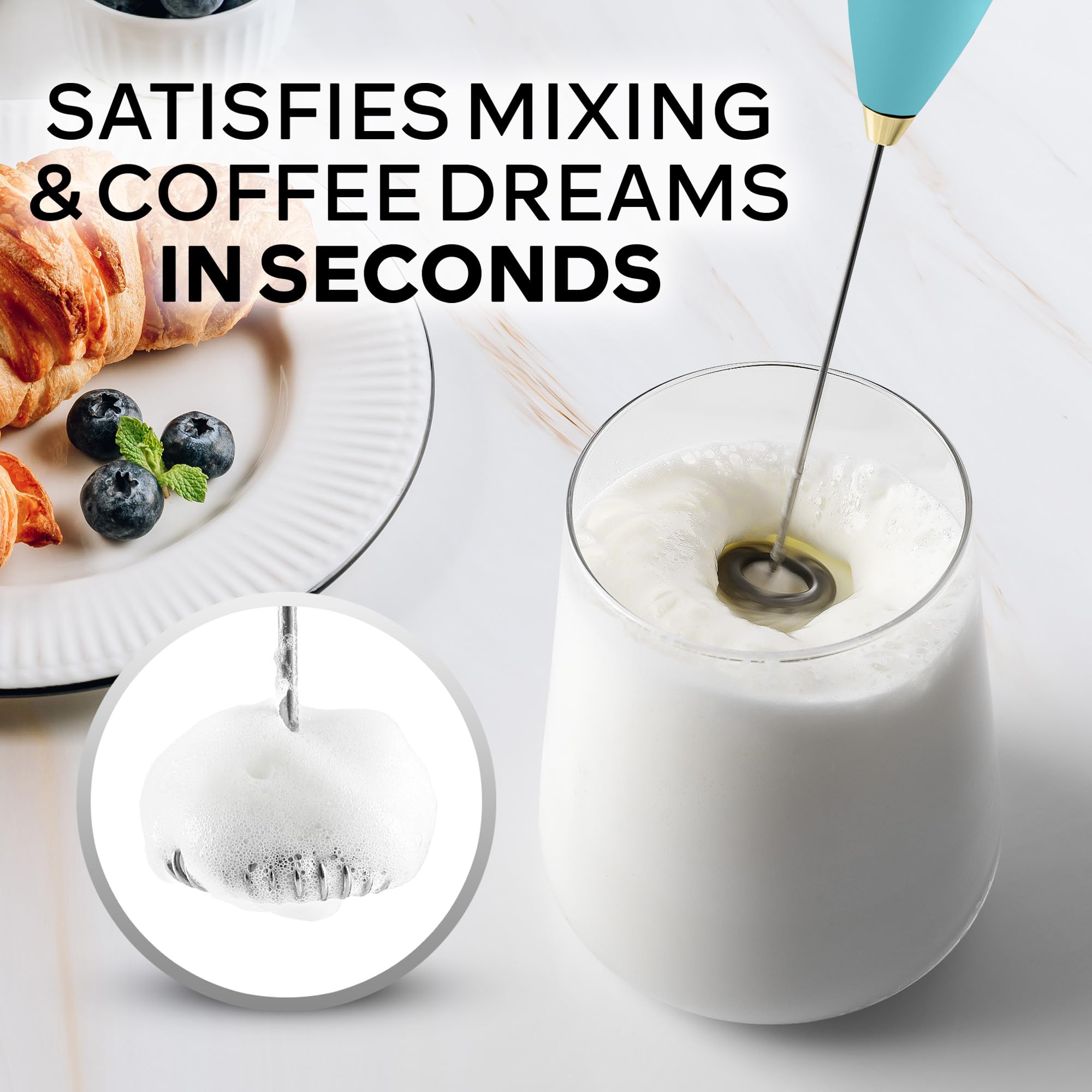 Zulay Kitchen Powerful Milk Frother Wand With Duracell Batteries - Ultra Fast Handheld Drink Mixer - Electric Whisk Foam Maker for Coffee, Lattes, Cappuccino & Matcha - Z1 Motor - Lake Gold