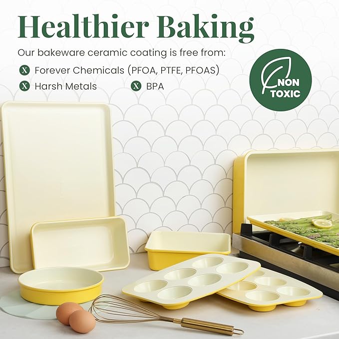 Larder & Vine 8-Piece Stackable Bakeware Set, Ceramic-Coated Nonstick Baking Pan Set, Non-Toxic, with Baking Sheets, Muffin Pan, Loaf Pan & Cake Pans, Limoncello