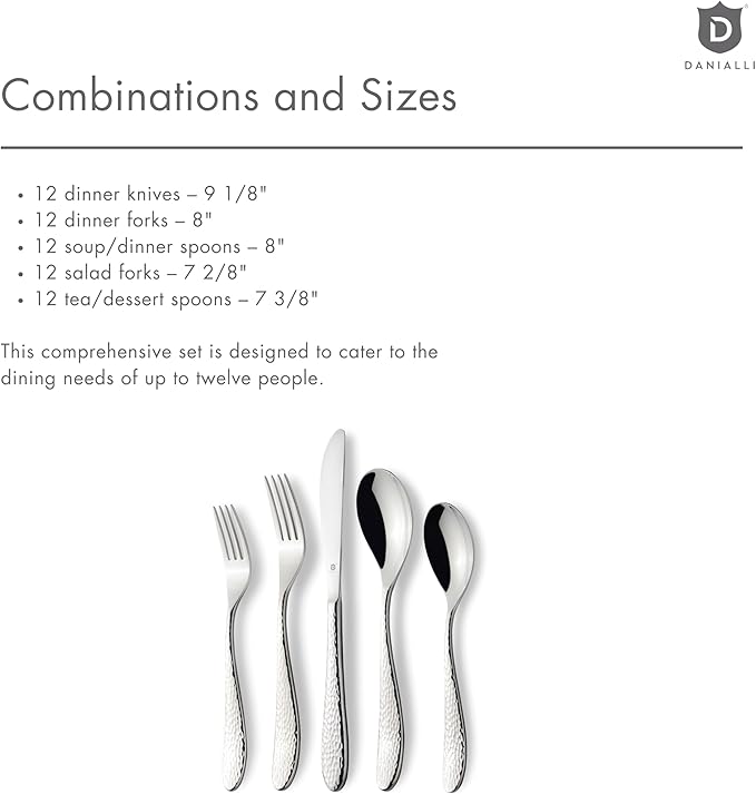 DANIALLI Hammered Silverware Set | Premium 18/10 Stainless Steel Flatware Service for 12 | Heavy-Duty & Dishwasher Safe | Built to Last (60-Piece, Marettimo Hammered)