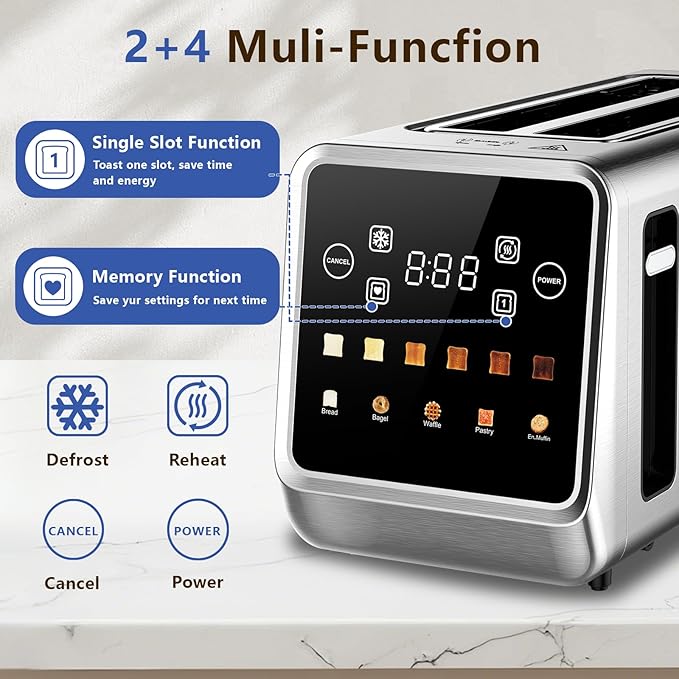 SAKAMOSH 4 Slice Long Slot Touch Screen Toaster, Stainless Steel