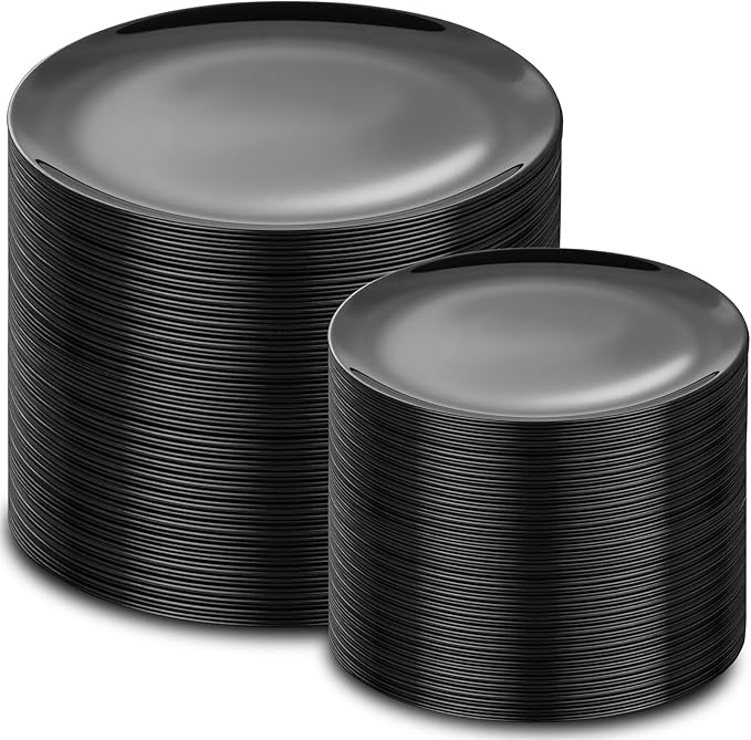 PULOTE 200PCS Black Plastic Plates - Heavy Duty Black Disposable Include 100 Each (10 inch Dinner & 7 inch Dessert) Plates, Disposable for Party, Birthday & Graduation