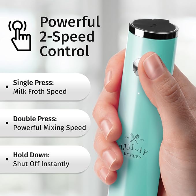 Zulay Kitchen Rechargeable Milk Frother Handheld - Frother Wand, Drink Mixer, Electric Whisk Frother, for Cappuccinos, Matcha & Protein Powder - Lux Double Whisk 2 Speed Waterproof 2000mAh Sky Blue