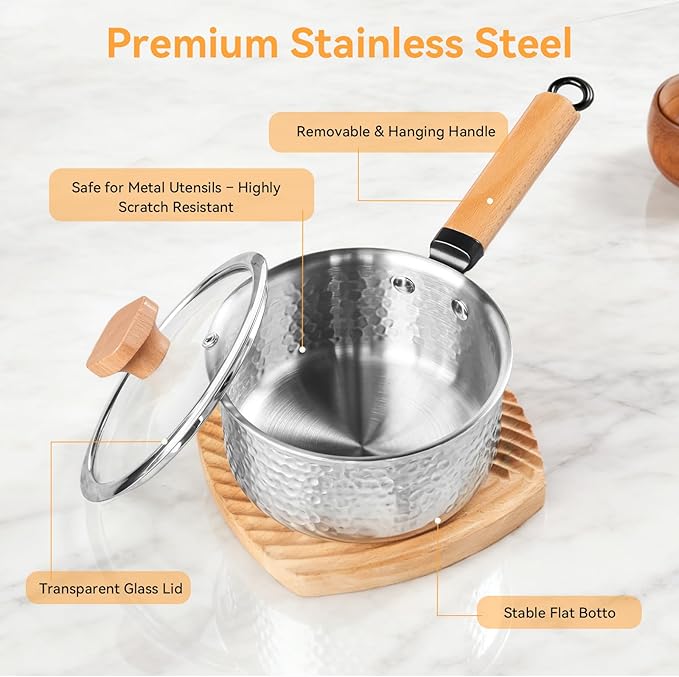 WANGYUANJI 1.8 Quart Stainless Steel Saucepan with Lid, Tri-Ply Steel Small Sauce Pan, Coating-Free Interior, Hammered Finish, Induction Compatible Soup Pot with Tempered Glass Lid & Wood Handle