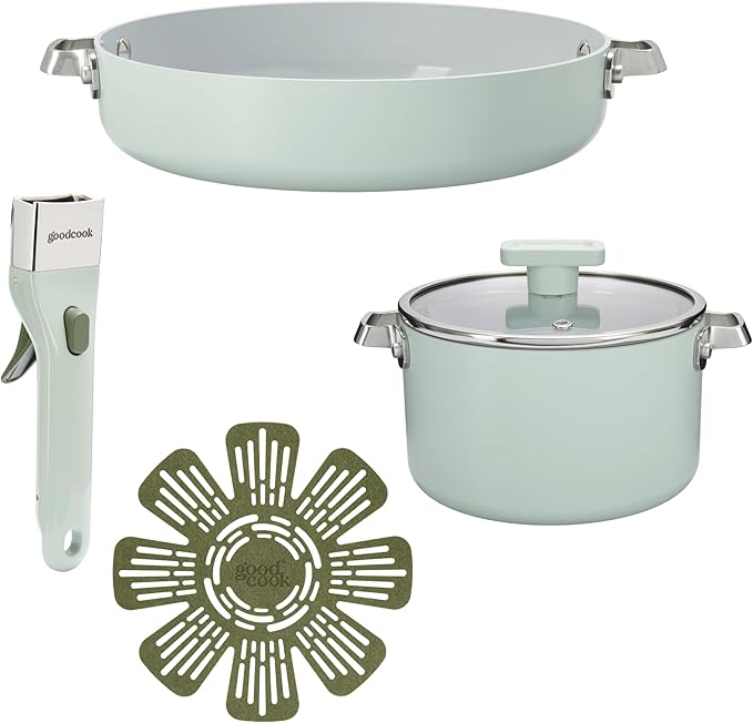 GoodCook Ceramic Cookware Set 5-Piece with Removable Handle, Induction Compatible, Nonstick and Oven Safe with 9.5-Inch Frypan, Sage Green
